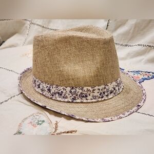Tan Fedora Hat with Purple Flower Accents 56cm